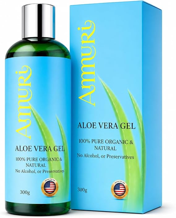 Ammuri Organic Aloe Vera Gel 300ml – 100% Pure &amp; Natural Soothing Moisturiser for Face, Body &amp; Hair – After Sun Hydration, Fast Absorbing, Vegan &amp; Cruelty-Free