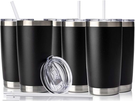 CIVAGO 20oz Insulated Stainless Steel Tumbler, Coffee Tumbler with Lid and Straw, Double Wall Vacuum Travel Coffee Mug, Powder Coated Tumbler Cup (Black, 12 Pack)