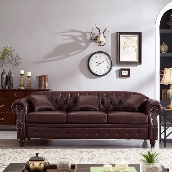 85.8" Living Room Chesterfield Sofa Classic Tufted Design Faux Leather PU Upholstered Sofa with Storage (Burgundy)