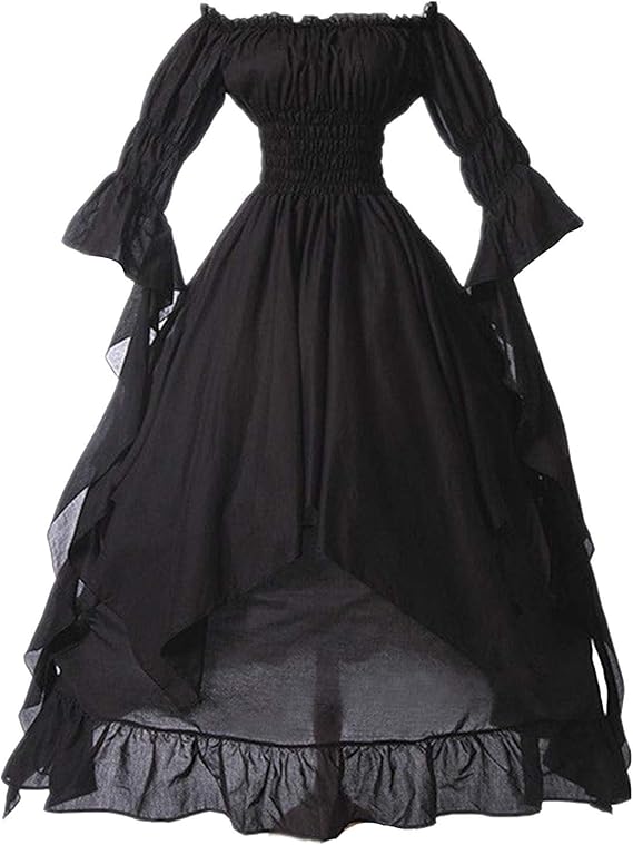 PBNBP Womens Floor Length Puff Sleeve Medieval Gowns High Low Off Shoulder Gypsy Dress Victorian Halloween Cosplay Costume