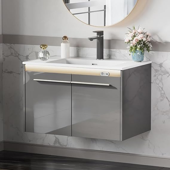 AMERLIFE 31" LED Floating Bathroom Vanity with Single Sink, Grey