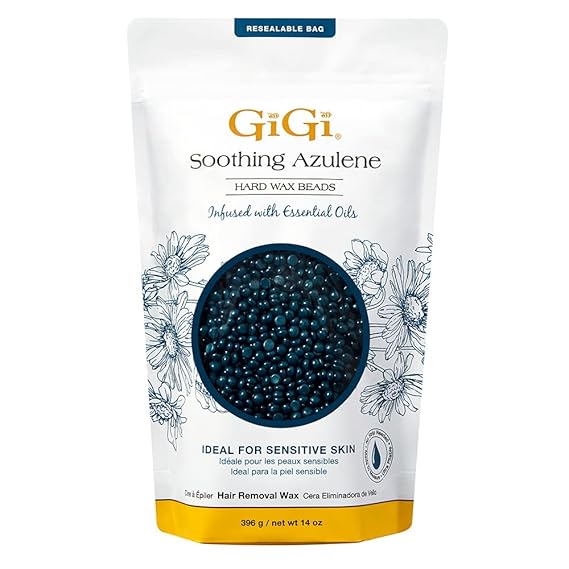 GiGi Azulene Hard Wax Beads Hair Removal, Face Body & Sensitive Skin, 14 oz | Infused with Essential Oils, Soothing Formula for Gentle Facial & Delicate Area Waxing Stripless Professional or At-Home Use