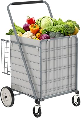 Heavy Duty Folding Shopping Cart, Portable Utility Trolley Grocery Carts with 360 Swivel Wheels, Large Rolling Utility Cart with Waterproof Liner, for Groceries, Laundry, Garden, Camping Grey