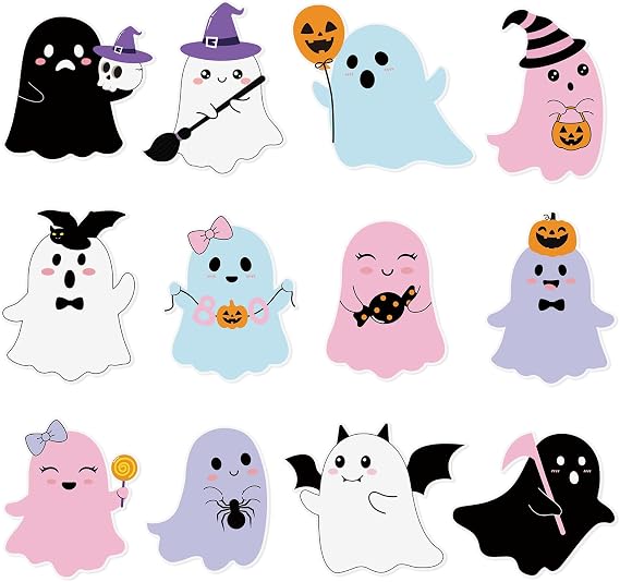 Sayglossy 60 Pcs Halloween Ghost Cutouts Halloween Bulletin Board Decor Colorful Cute Ghost Paper Cut-Outs Decorations for Boys Girls DIY Art Craft Birthday Baby Shower Class Chalkboard Wall Decor