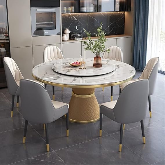 Round Marble Dining Table with Lazy Susan, Luxury Style 51" W Circular Tabletop Kitchen Table for Dining Room Kitchen Leisure Coffee Table -Camel Base