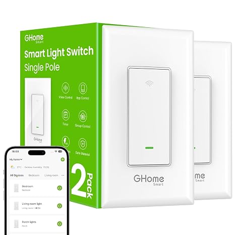 GHome Smart Switch, 2.4Ghz Wi-Fi Switch Works with Alexa, Google Assistant Single-Pole,Neutral Wire Required,UL Certified,Remote/Voice Control and Schedule, No Hub Required, (2 Pack)