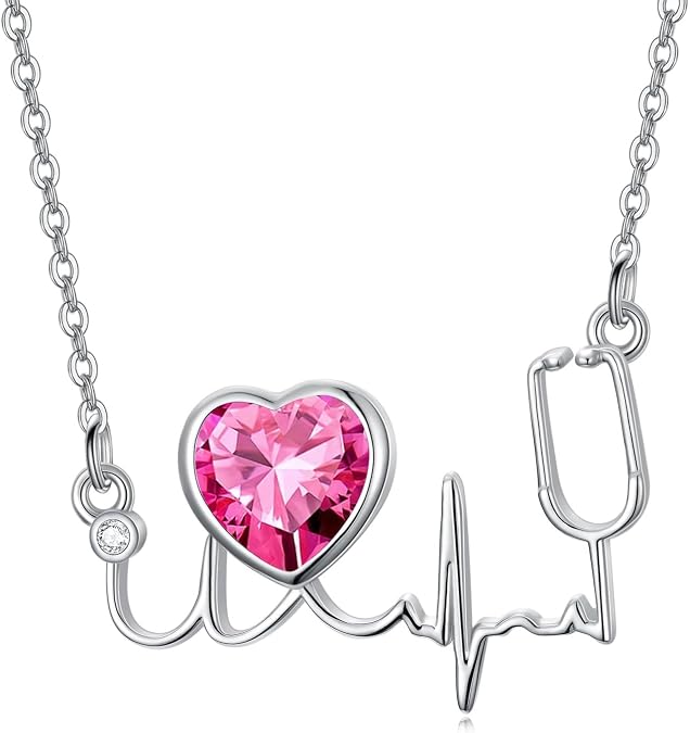 Stethoscope Necklace Sterling Silver Nurse Birthstone Necklace for Women Heartbeat Stethoscope Jewelry for Doctor Medical Student Nurse Gift