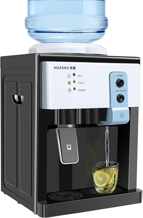 Countertop Water Cooler for 5 Gallon Bottles, Hot Cold & Warm, Portable Small Water, Top Loading Countertop Small Water with Child Safety Lock for Home Office Dormitory (Black, European White)