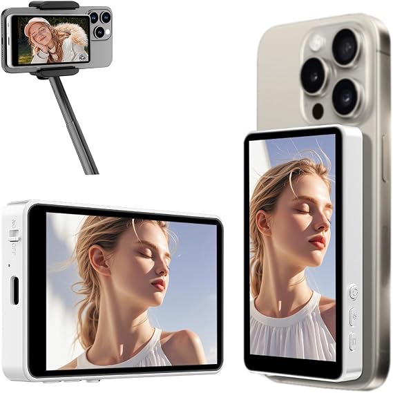 Selfie Monitor Screen,4-inch Magnetic Phone Vlog Selfie Monitor Screen 4K 60fps Bluetooth Remote,Back Camera for Vlog Live Stream TikTok,Compatible with iPhone/Android (White)