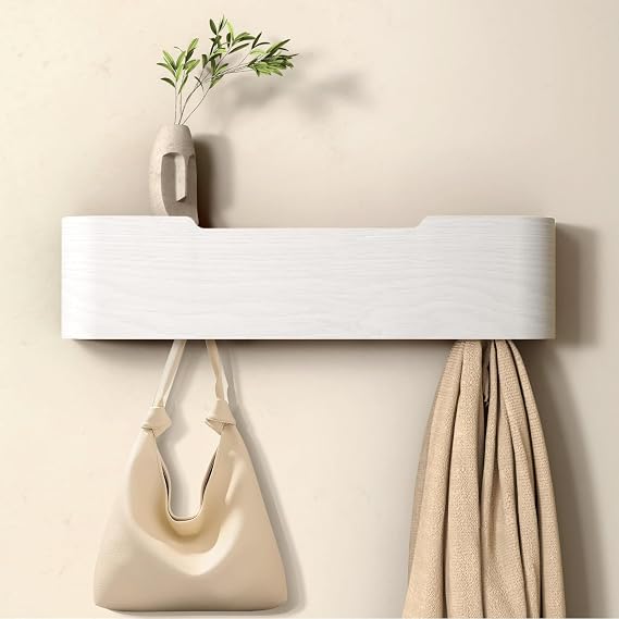 Wall Mounted Coat Rack with Shelf, Wooden Entryway Organizer with Hidden Metal Hooks for Hanging Coats Bags Keys, Modern Floating Shelf for Hallway Bathroom