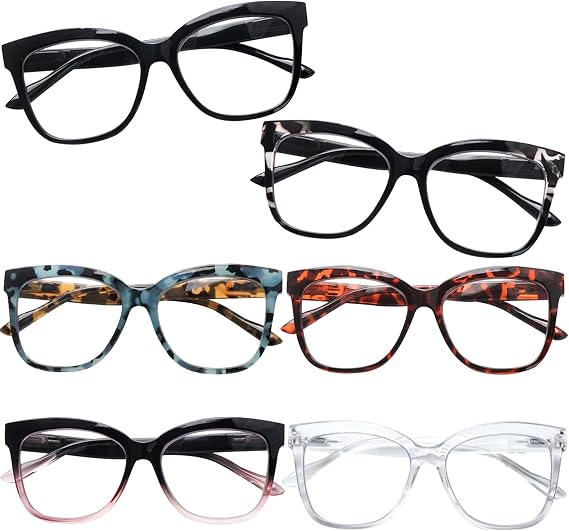 6 Pack Fashion Reading Glasses for Women - Blue Light Blocking Square Readers Anti Eyestrain Eyeglasses Spring Hinge