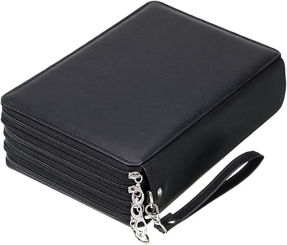 BTSKY 200 Slots Colored Pencil Organizer - Deluxe PU Leather Pencil Case | Zipped Holder with Removal Handle Strap Pencils Box Large for Colored Pencils Watercolor Pencils (Black)