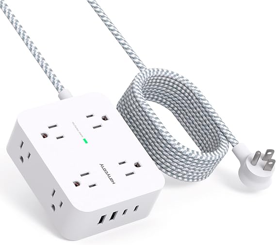 HANYCONY Surge Protector Power Strip, 10 Ft Braided Extension Cord, 1080J