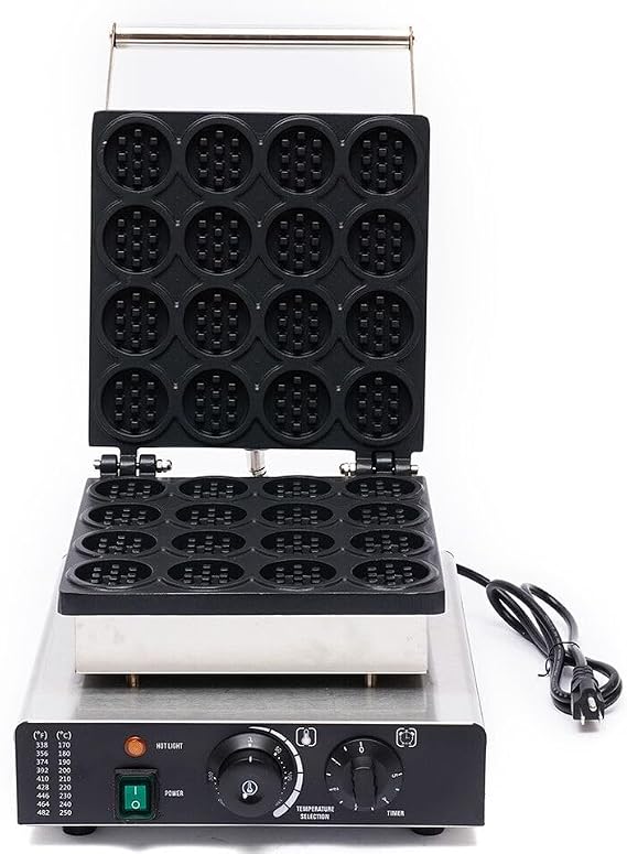 Commercial Round Waffle Maker Electric Mini Waffle Iron, 16 Grids 1750W Nonstick Stainless Steel Round Belgian Waffle Machine, 122-572F Temp Range for Restaurant, Snack Bar, Food Stall