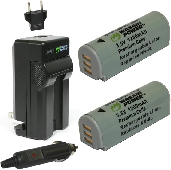 Wasabi Power Battery (2-Pack) and Charger for Canon NB-9L and Canon PowerShot N, N2, SD4500 is, ELPH 510 HS, ELPH 520 HS, ELPH 530 HS