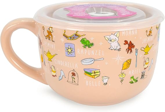 Disney Princess Ceramic Soup Mug with Vented Lid | Bowl For Ice Cream, Cereal, Oatmeal | Large Coffee Cup For Espresso, Caffeine, Beverage | Cute Home & Kitchen Decor Essentials | Holds 24 Ounces
