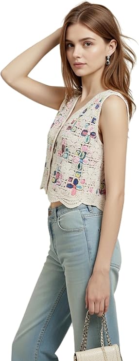 Women Top Open Stitch Cardigan Sleeveless Hippie Hollow Out Crochet Boho Vest - Floral Vintage/Embroidered/Multi Pieces