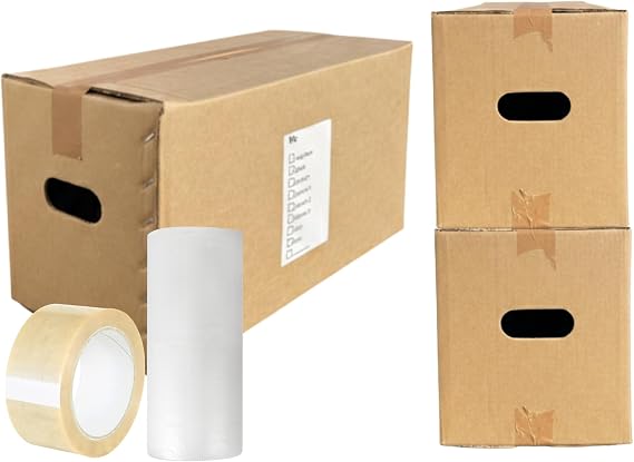 20 Double Wall Cardboard Moving House Boxes Kit with Hand Holes | 20x10x10" Boxes for Storage, Shipping and Moving House with Free Bubble Wrap and Tape, Room List on Panel | Made in Britain