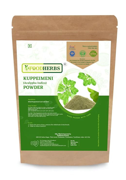 FOODHERBS Kuppaimeni Powder | Natural Facial Hair Removal | 200 Gm/0.44 Lbs | Clear Skin | Acalypha Indica | Harita Manjari