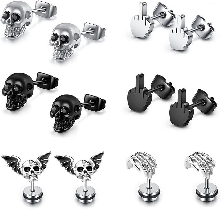 6 Pairs Gothic Skull Earrings for Men Women Punk Stainless Steel Silver Black Finger Stud Earrings Rock Ear Piercing Earrings Gothic Jewellery for Halloween