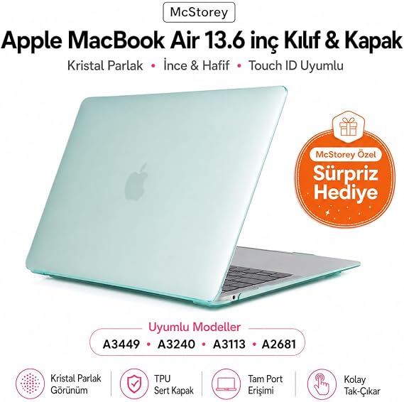 McStorey MacBook Air 13.6 inç M2 M3 M4 M5 Uyumlu Sert Kılıf | Ultra Şeffaf Hard Case – A2681 A3113 A3240 A3449 Tam Uyum İnce Hafif Koruma Açık Yeşil