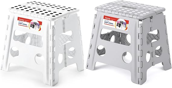 ACSTEP 13 Inch Folding Step Stool for Adults and Kids Holds Up to 300 lb Plastic Foldable Step Stools for Kitchen, Home, Outdoor and Indoor(White&Grey)