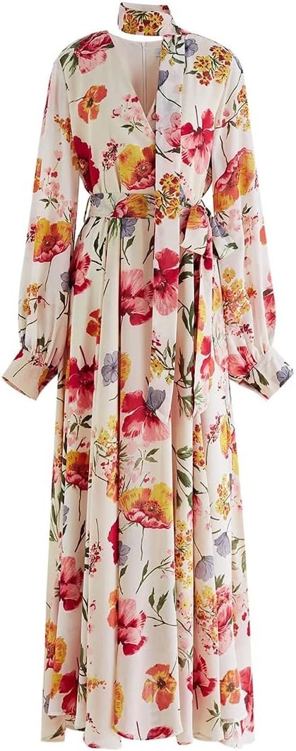 CHICWISH Women's Cream Scarf Plunging Vernal Blossom Chiffon Maxi Dress