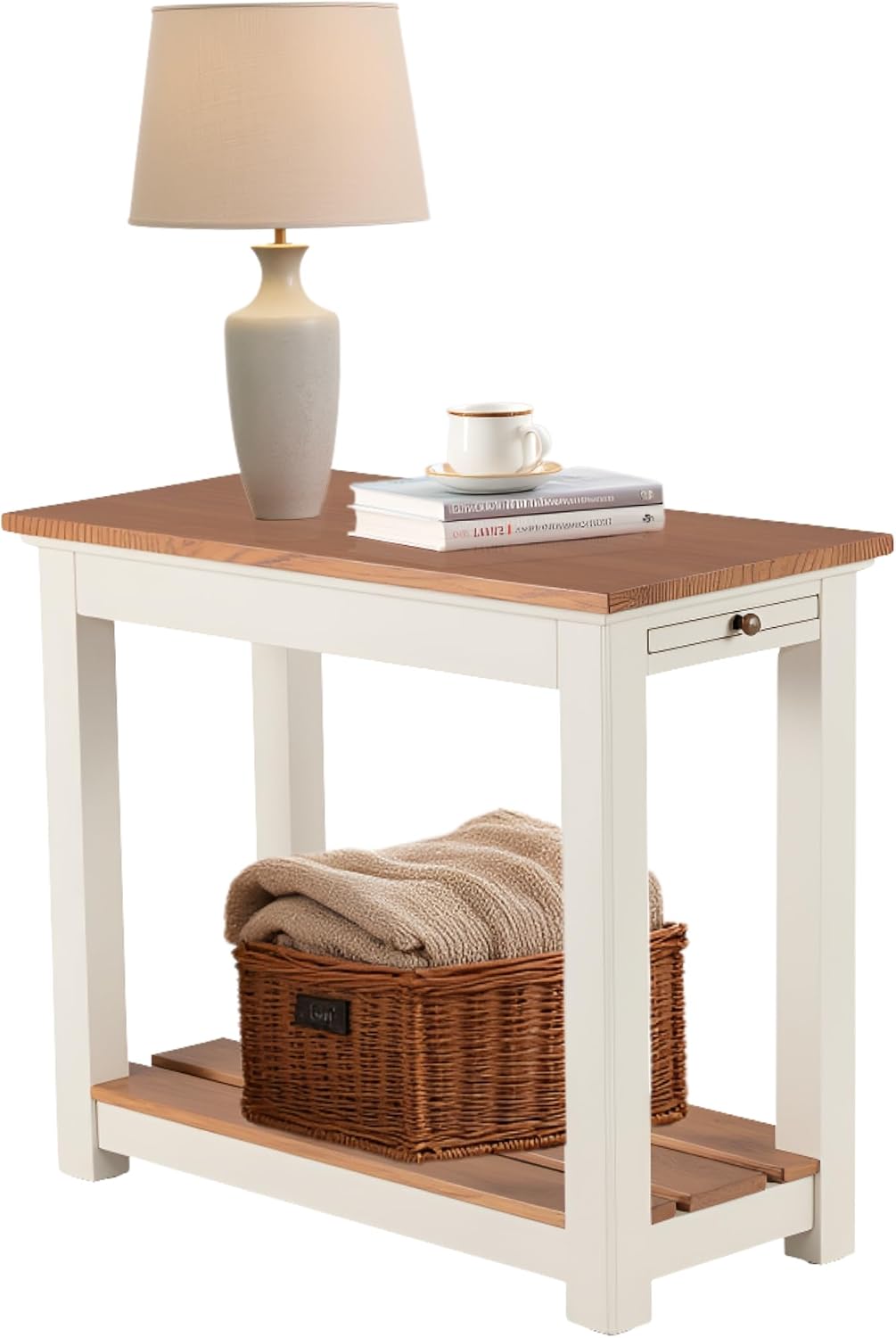 Savannah Chairside Pull-Out Shelf End Table, Ivory with Natural Wood Top