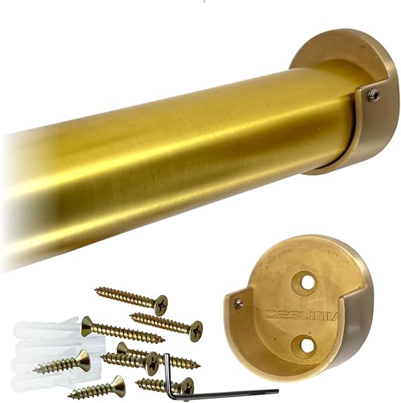 CUSTOM CUT | Up to 72" | HEAVY DUTY Satin Brass Closet Rod | 32mm Dia. | w/Matching Screw-In Brackets