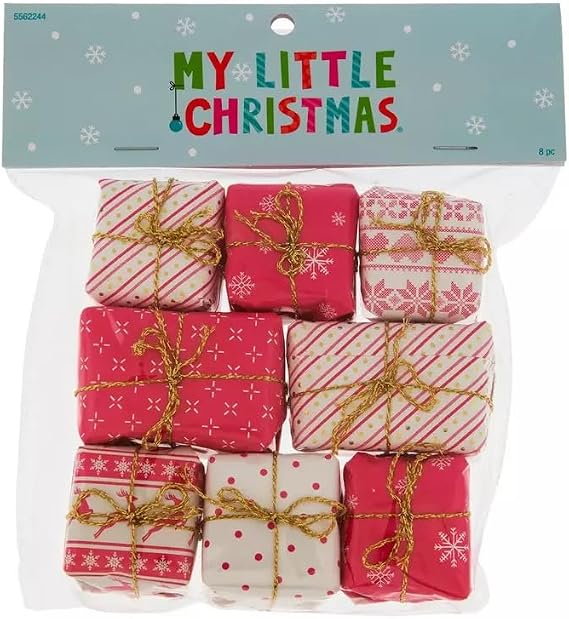 My Little Christmas Faux Presents Ornaments for Mini Trees, Doll Trees - Wrapped Pink and White Gifts - 8 Count