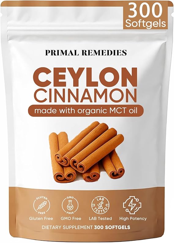 Primal Remedies Ceylon Cinnamon Capsules 300 Softgels, Cinnamomum Verum Bark Extract, Plant Based Supplement, Clean Label Formula for Daily Wellness Routine (1)