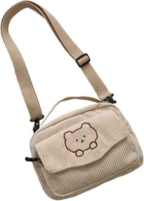 Corduroy Crossbody Bag for Women Cute Bear Patterned Crossbody Bag Kawaii Purse Bag