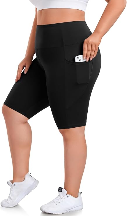 we fleece 8" Plus Size Biker Shorts with Pockets, High Waist | Soft & stretchy, 2 side pockets for phone/keys, no-roll high waist, squat-proof, for yoga gym cycling
