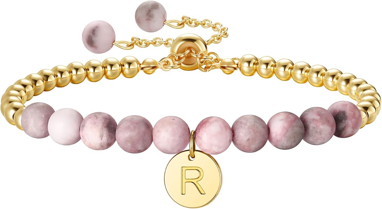 Ritach Initial Bracelets for Girls Kids - Pink Zebra Natural Stone Disc/Heart Initial Bracelet Adjustable Gold/Silver Beaded Bracelets for Girls Kids Teen Girl Jewelry Birthday Gifts