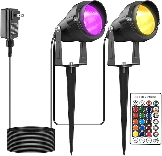 Halloween Spotlights Outdoor Yard Spot Lights with Timer Colored Warm White 10W RGB LED Landscape Light IP65 Waterproof Uplight with Spiked Stand for Lawn Pathway Porch Christmas (2 Lights)