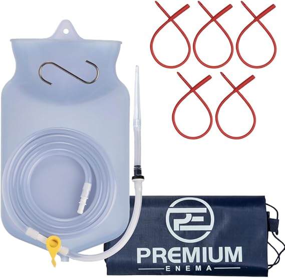 PE Premium Enema Clear Silicone Bag Kit with 5 Pack Red Latex Catheters. Suitable for Coffee and Water Colon Cleansing. 2 Quart Capacity, 6.75 Foot Long Hose, 7 Tips