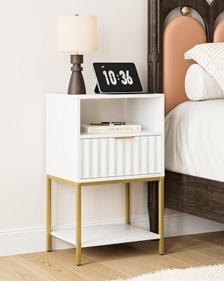 Nightstand,Modern Bedside Table with One Drawer and Two Shelf,White Night Stand,Tall End Table with Gold Frame for Bedroom,Living Room,Wave