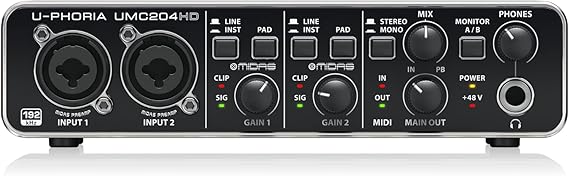 Behringer UMC204HD Audiophile 2x4, 24-Bit/192 kHz USB Audio/MIDI Interface with Midas Mic Preamplifiers | For Recording Microphones and Instruments