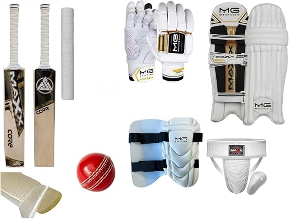 Maxx White Gold Cricket Set (10pc) – Bat, Leg Pads, Gloves, Ball, Guard, Thigh Pad, More