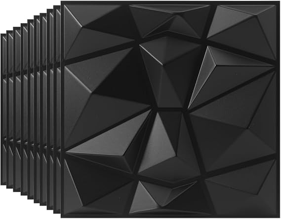 3D Wall Panels Diamond Design for Interior Wall Decor for Home and Office, 3D Textured Wall Panels in Black, PVC, Pack of 10 Tiles, 30x30cm