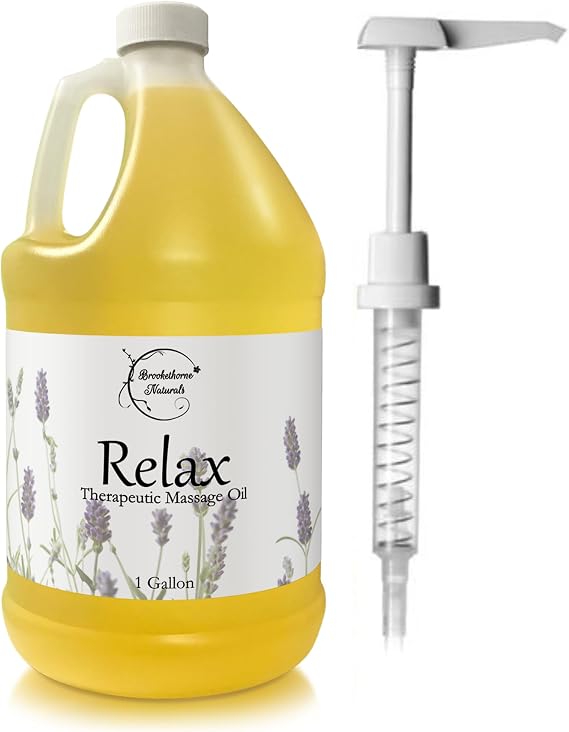 Relax Massage Oil for Massage Therapy | Professional Quality Oil with Lavender, Peppermint & Marjoram | All Natural, Non-Greasy, Smooth Glide | Large 1 Gallon Size with Pump by Brookethorne Naturals