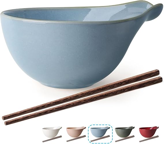 Artena Ramen Bowl with Chopsticks, 42oz Ceramic Noodle Bowl, Large Soup Bowl, Big Pasta Bowl Set for Salad, Pho, Dumplings, Cereal, Rice, Dishwasher Microwave Safe, Gourd Design, Blue