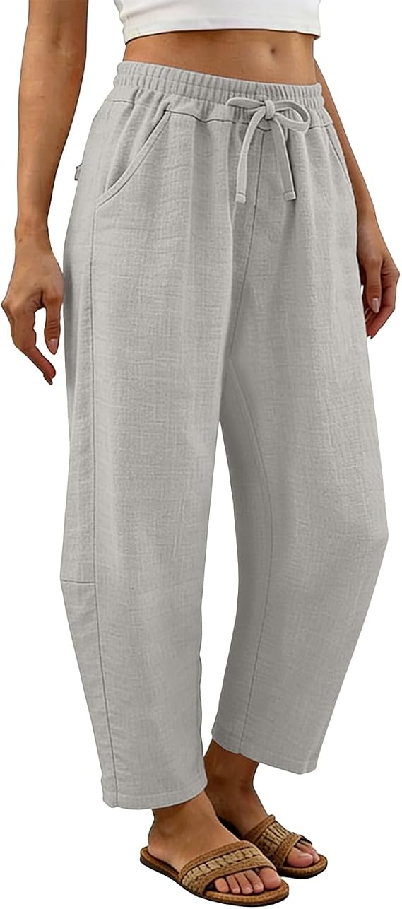 Petite Linen Pants for Women,Wide Leg Drawstring Sweatpant Summer Casual Lightweight Breathable Trousers with Pockets