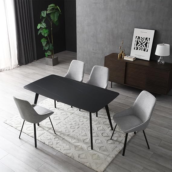 70" Marble Dining Table, Rectangle Kitchen Table with White Sintered Stone Top and Metal Legs Mid-Century Modern Dinner Table for Living Room and Dining Room Black