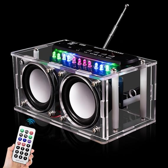 Electronic Kit Radio 87.5-108 MHz DIY Electronic Soldering Kit Bluetooth Speaker Soldering Kit DIY Music Player with LED Indicator Light Acrylic Housing Remote Control for Soldering Learning