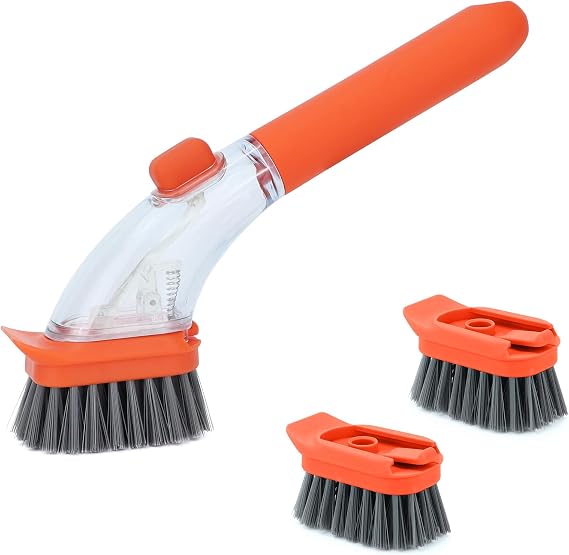 DAPOWER Soap Dispensing Dish Brush with Handle, Kitchen Scrub Brush for Dishes Pots Pans Sink Cleaning (Orange)