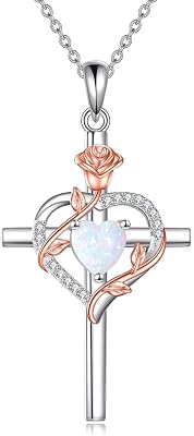 Rose Cross Necklace 925 Sterling Silver Heart Crucifix Pendant Birthstones Jewelry Gifts for Women
