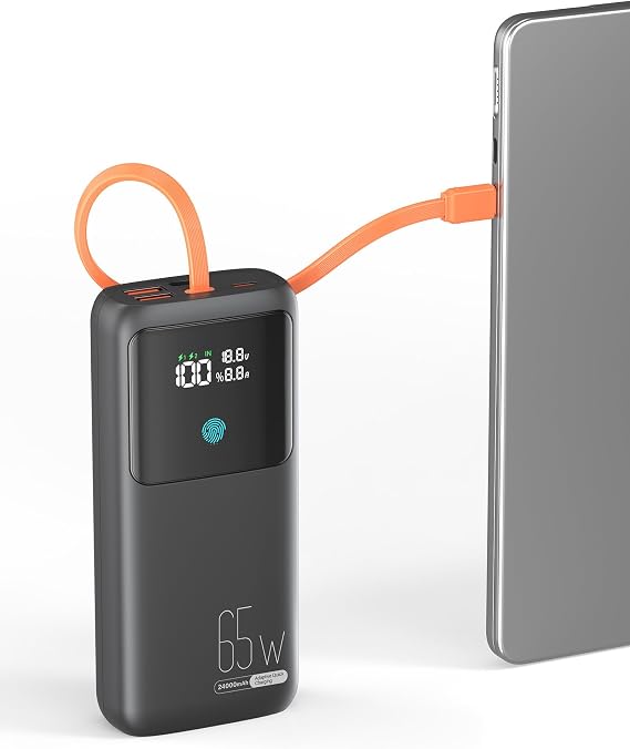 Portable Laptop Charger 24000mAh 65W w/USB C Built-in Cable Black | 65W Fast charging, LED display, Charge 4 devices at once, Pass through, TSA approved, Compatible with Macbook/Notebook/iPhone