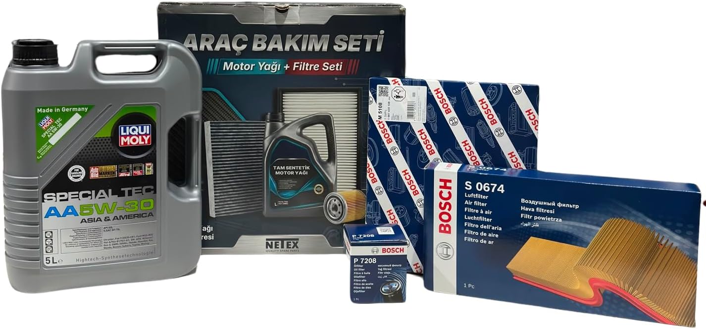 Premium Bakım Seti Toyota Corolla 1598CC Benzin 132PS Model Yılı (2017-2021) (Liqui Moly Special Tec AA 5w30 Motor Yağı, Bosch S0674 Hava Filtresi, M5108 Kabin Filtresi, P7208 Yağ Filtresi)