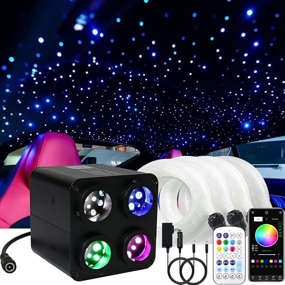 36W 4-Color RGBW Twinkle Fiber Optic Starlight Headliner Kit - 600pcs0.75mm3m High-Density Star Ceiling Lights with 4-Port Sound Activation, Bluetooth APP & Remote Control for Car and Home Decoration [Energy Class G]